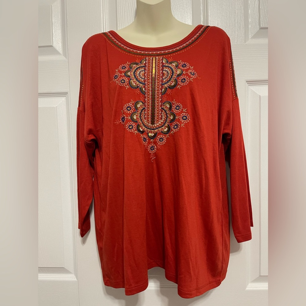 NWTS CHICO'S WOMEN'S
EMBELLISHED TOP SIZE 2 PETITE BURNT ORANGE 3/4 SLEEVES - Picture 6 of 8